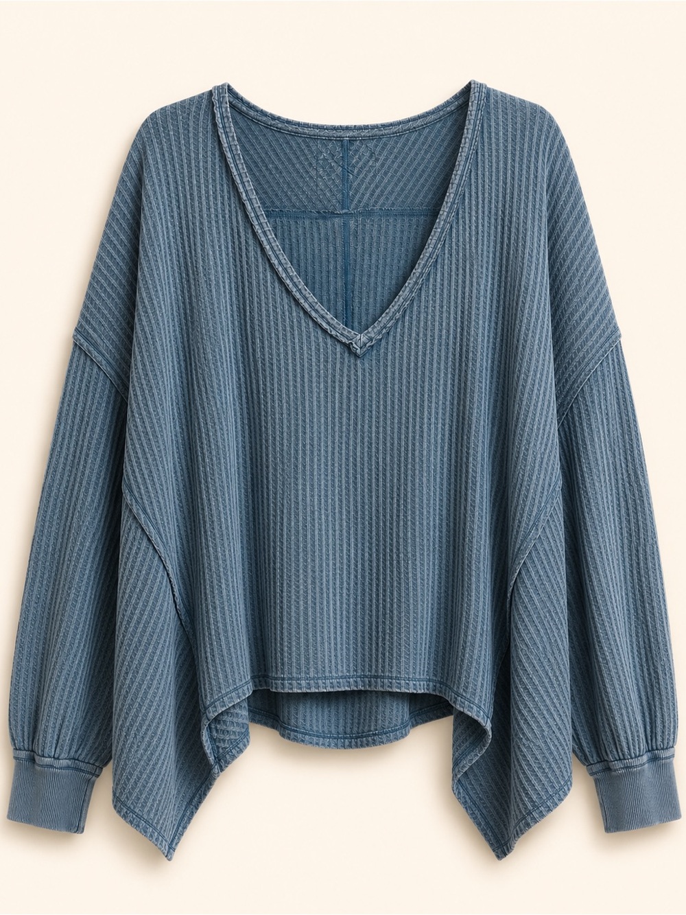 We The Free Oversized Textured V-Neck Pullover Top Blue Medium